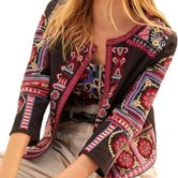 NTHR Women’s Open Front Embroidered Beaded Black Cotton Crop Jacket - Picture 5 of 12